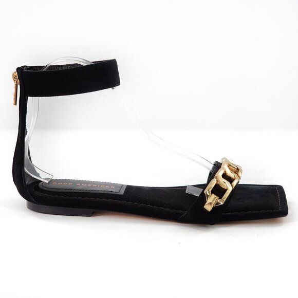 GOOD AMERICAN Ankle Strap Suede Sandals Black Zip Gold Chain Link - Picture 5 of 9